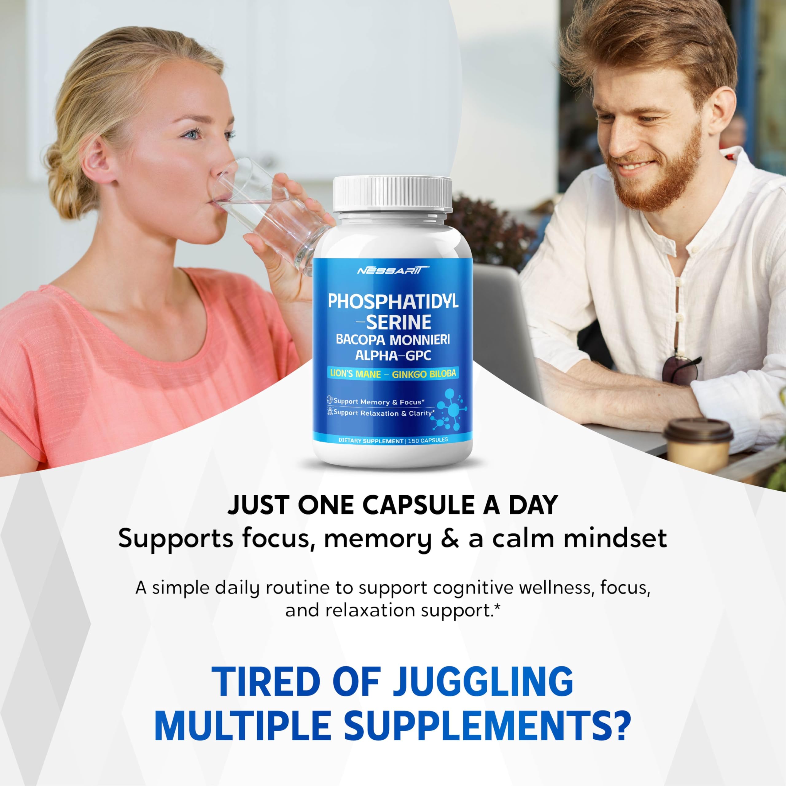 NESSARIT brain health supplement bottle angled view highlighting the five in one premium nootropic formula ingredients list
