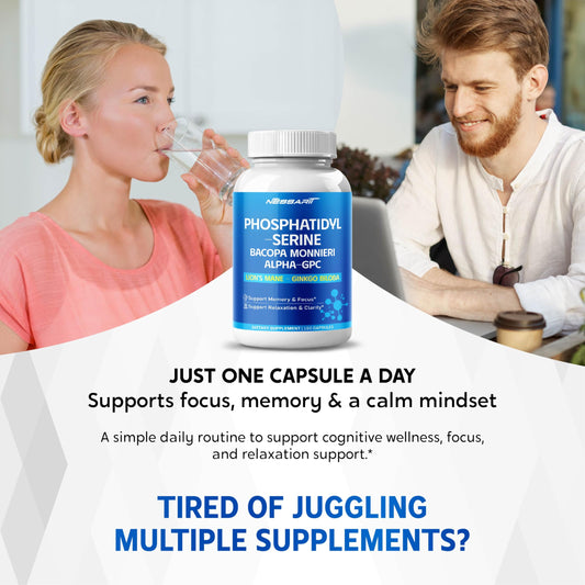 NESSARIT brain health supplement bottle angled view highlighting the five in one premium nootropic formula ingredients list