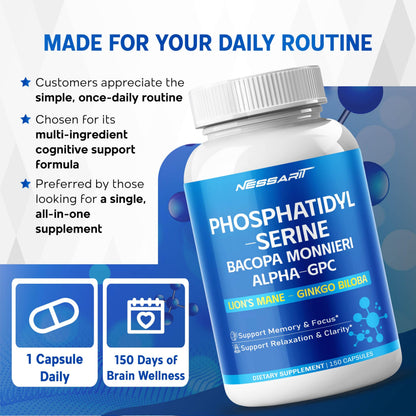 Top view of NESSARIT memory and focus supplement bottle on a clean background indicating 150 dietary capsules count