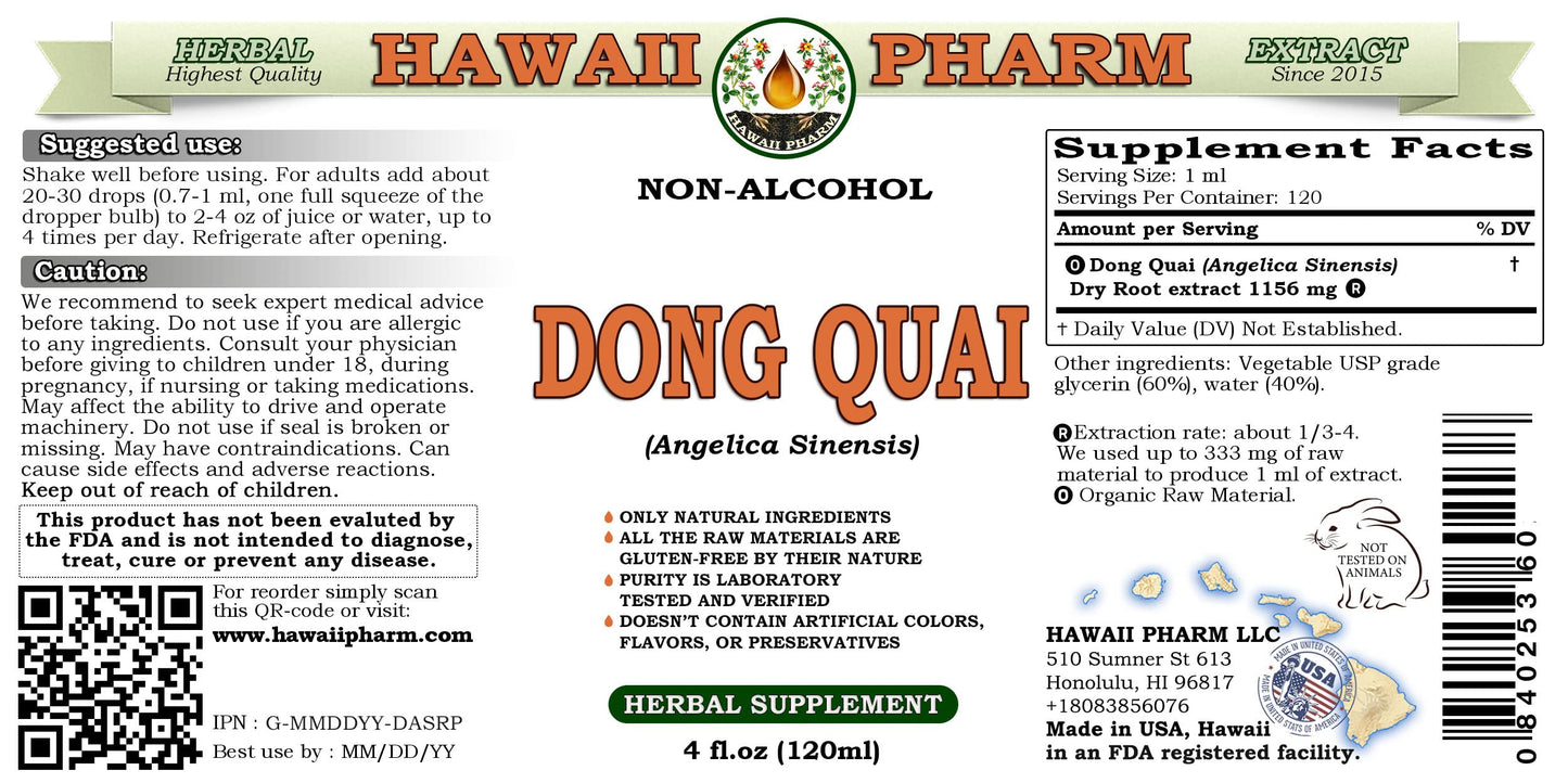 Two pack of Hawaii Pharm Chinese Angelica non-alcoholic glycerite bottles displaying ingredient facts.