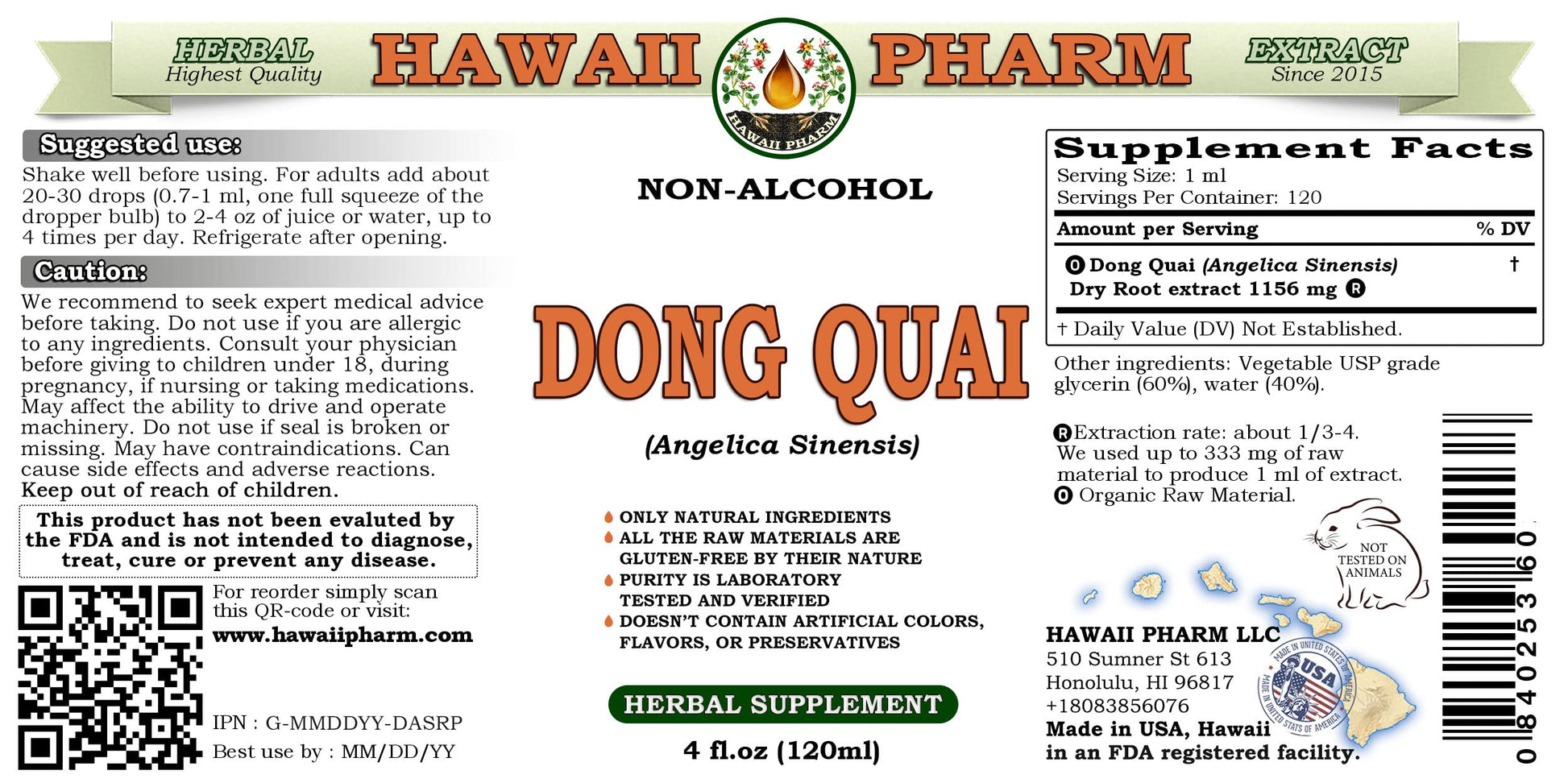 Two pack of Hawaii Pharm Chinese Angelica non-alcoholic glycerite bottles displaying ingredient facts.
