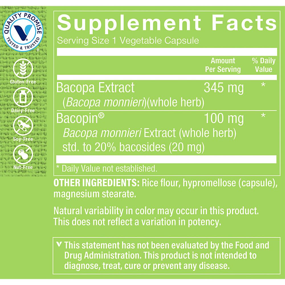 The Vitamin Shoppe Bacopa 100 vegetable capsules supplement facts label