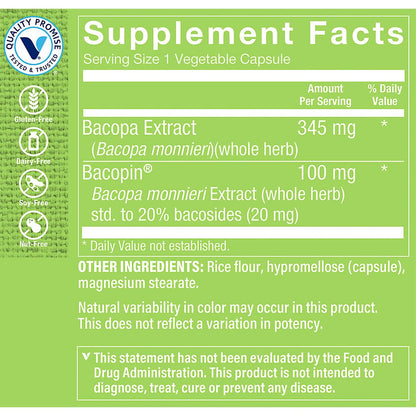 The Vitamin Shoppe Bacopa 100 vegetable capsules supplement facts label