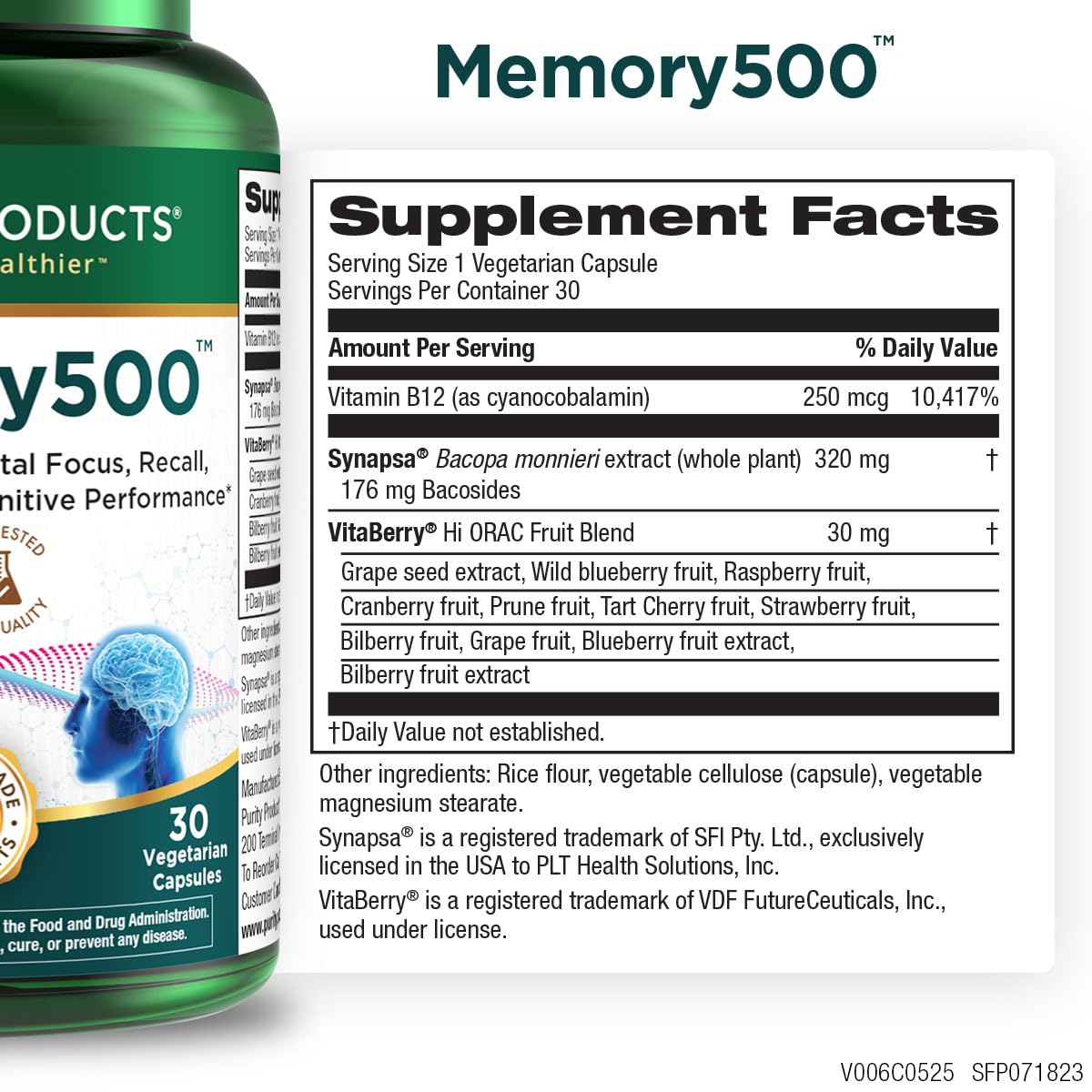 Purity Products Memory500 supplement facts label displaying Synapsa and OptiBerry ingredients