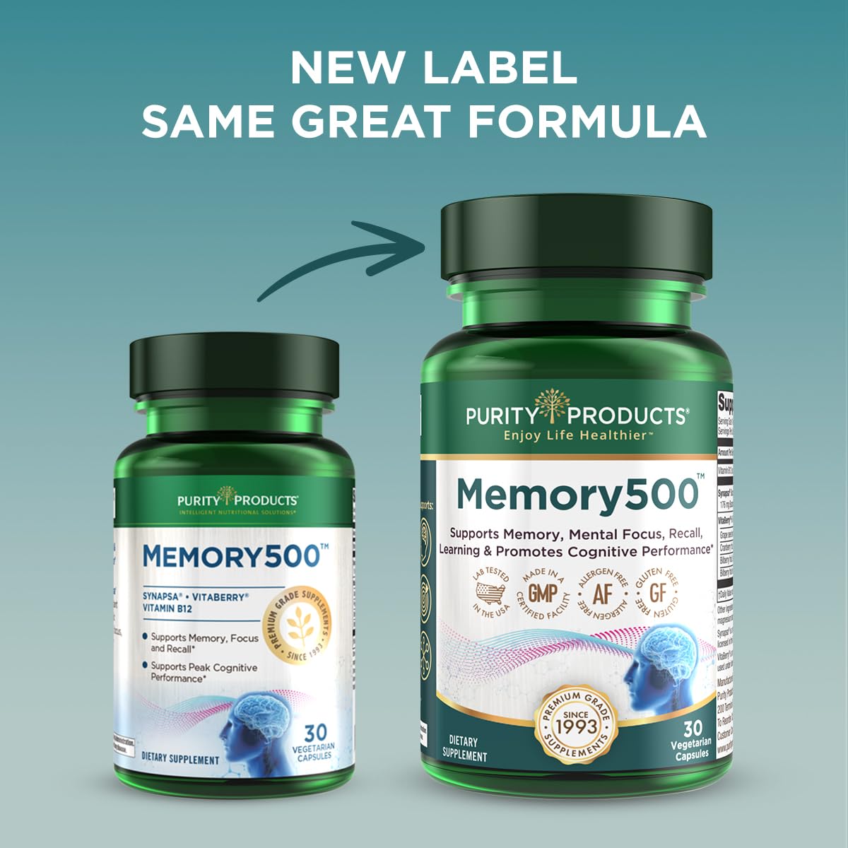 Side profile of Purity Products Memory 500 showing 30 vegetarian capsules product details