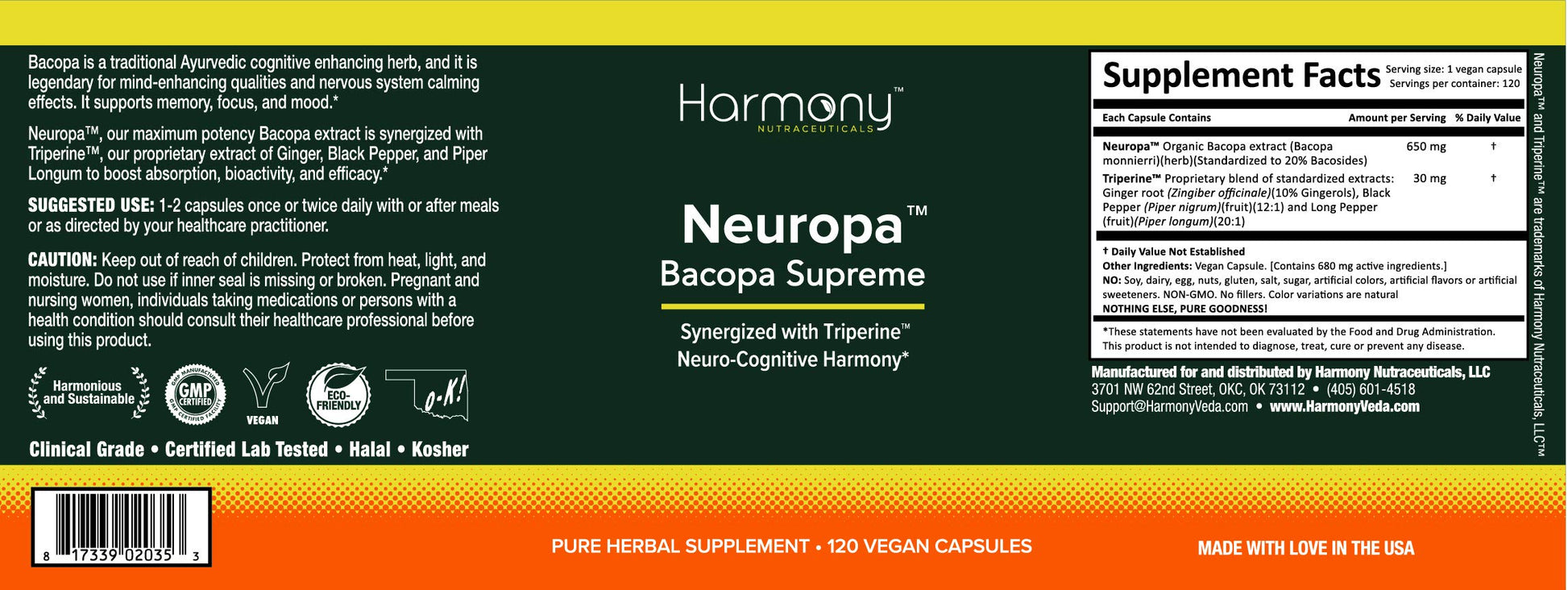 Harmony Nutraceuticals Bacopa Supreme vegetarian capsules supplement facts
