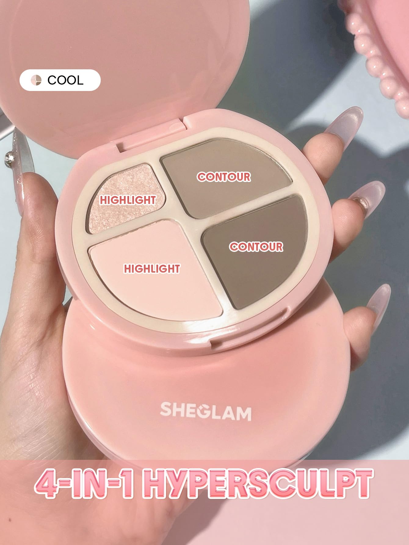 Close-up of the cool-toned matte contour and shimmer highlighter shades in the SHEGLAM face palette.
