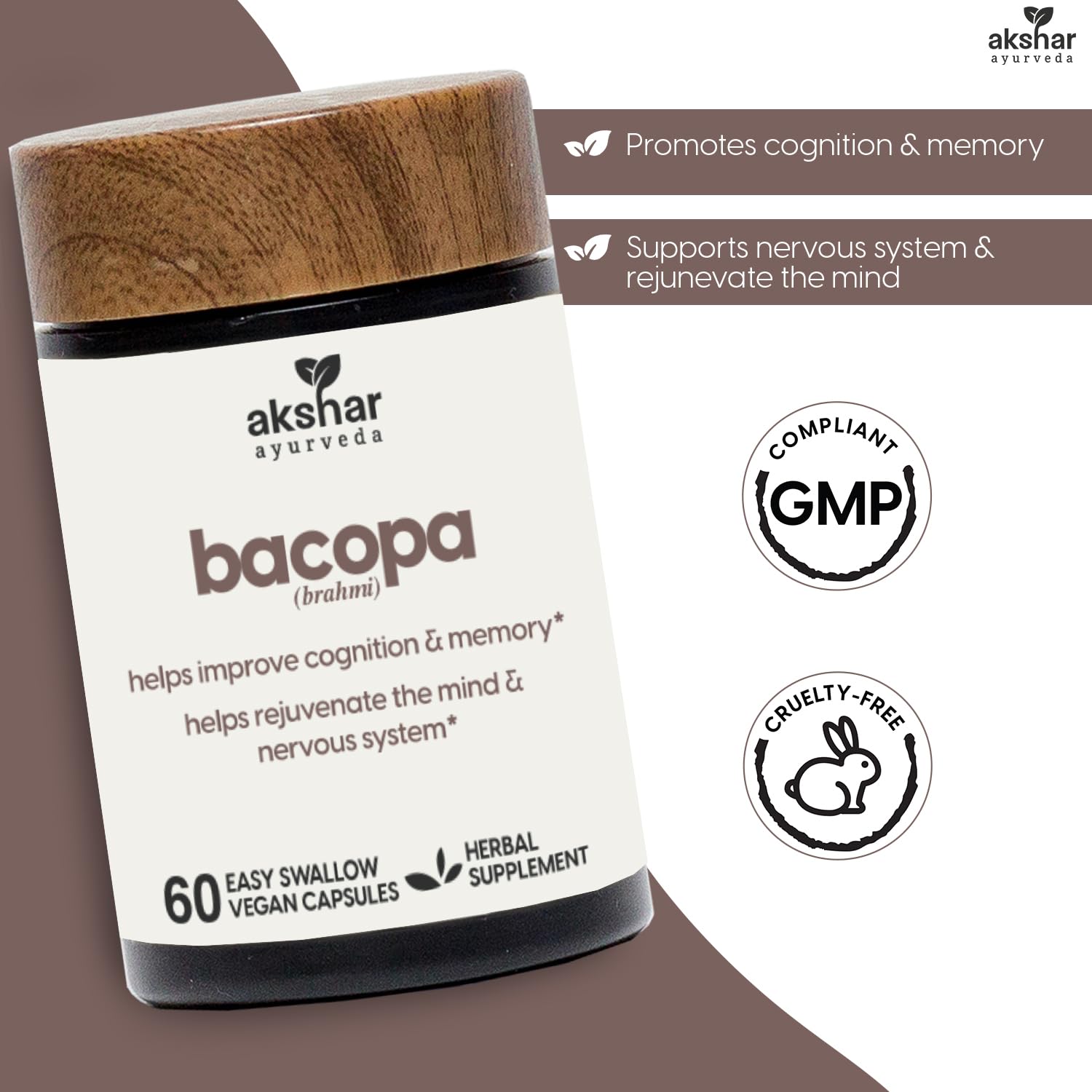 Akshar Ayurveda 60 vegan capsules bottle showcasing natural brain tonic ingredients list