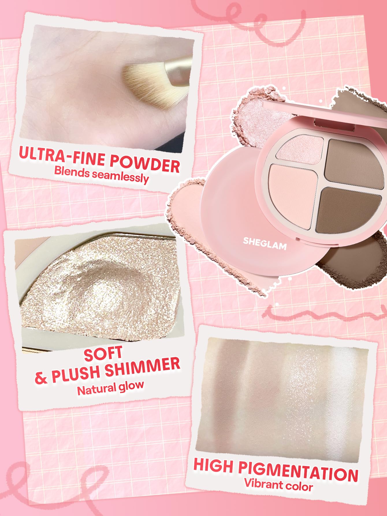 Texture detail of the blendable matte bronzer and pearlescent highlighter powders.