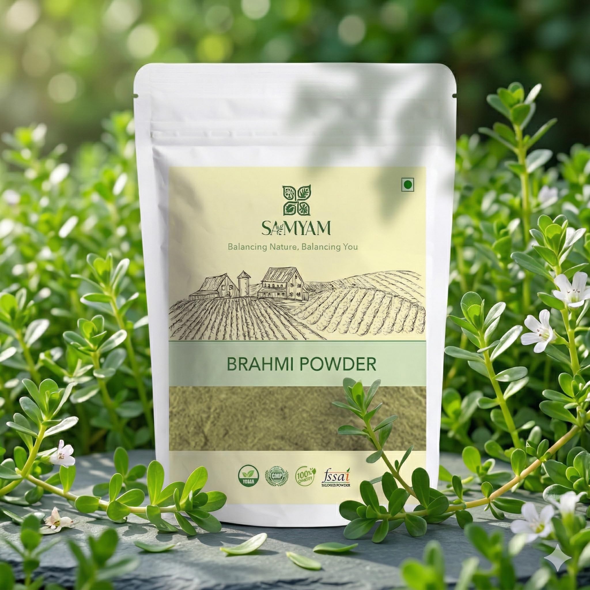 Back label of Bacopa Monnieri supplement detailing pure Ayurvedic ingredients.