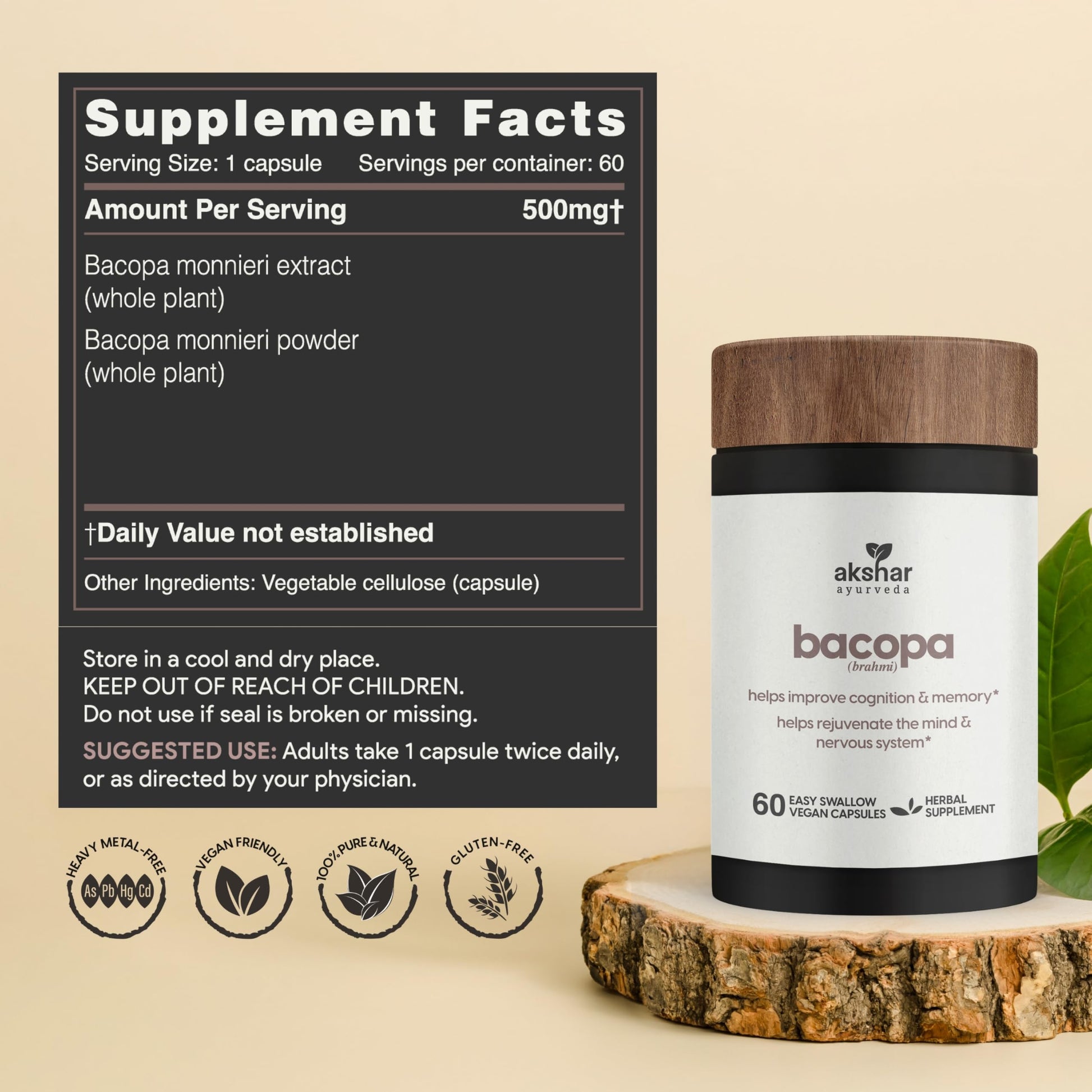 Side view of Akshar memory booster supplement highlighting safe adult daily dosage instructions