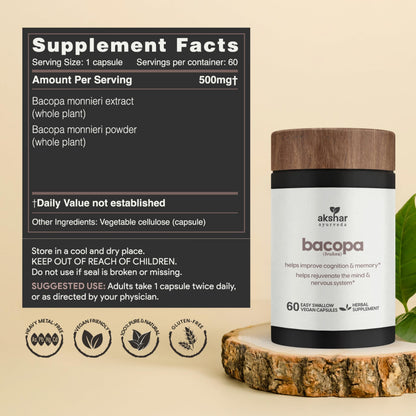 Side view of Akshar memory booster supplement highlighting safe adult daily dosage instructions