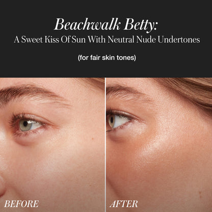 RMS Beauty hybrid cream bronzer and highlighter in shade Beachwalk Betty packaging close up.