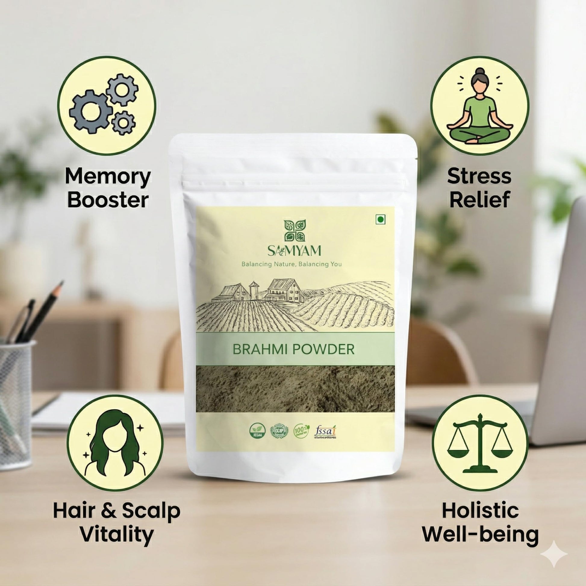 Authentic imported Ayurvedic concentration powder packaging close up view.