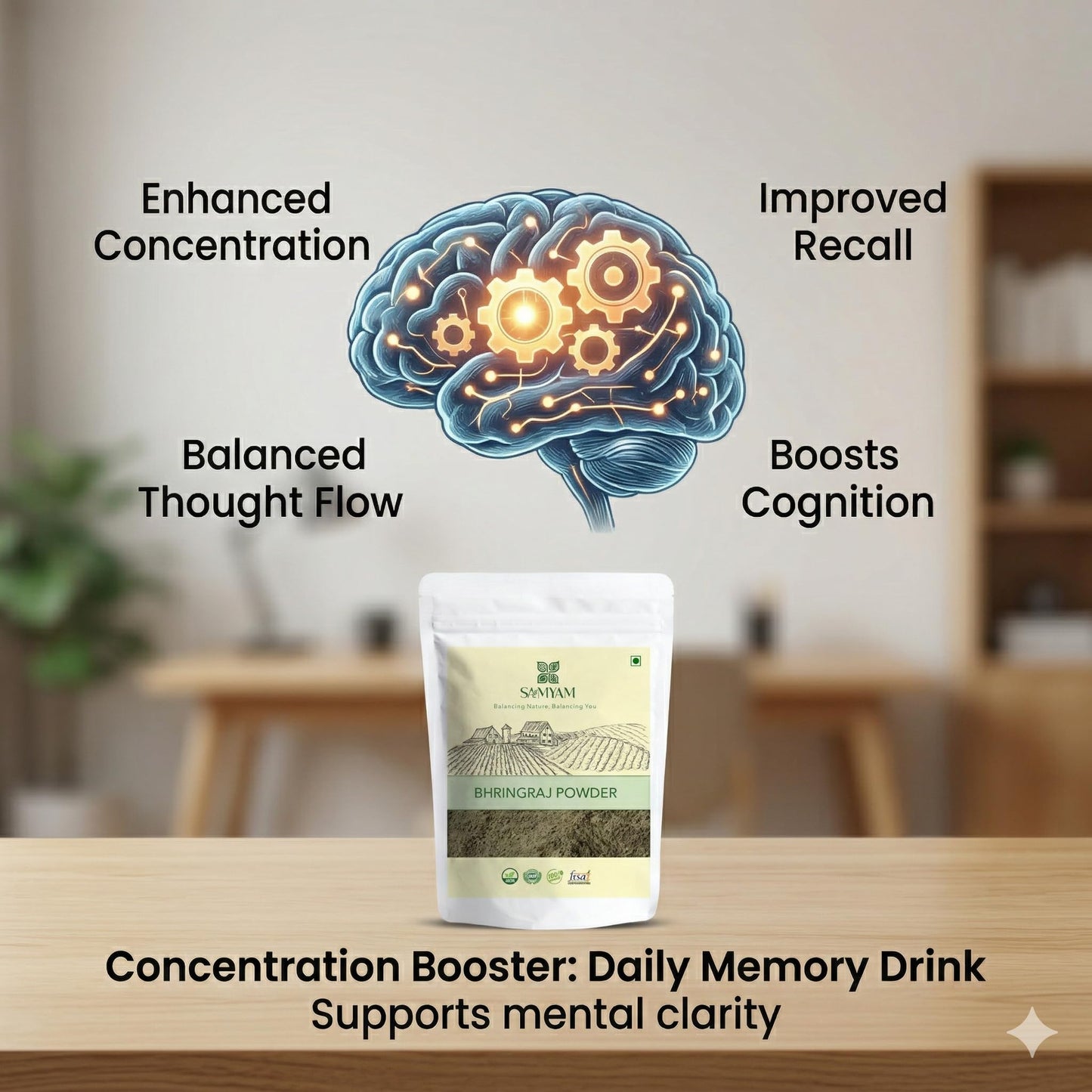 Side panel showing clear daily dosage instructions for the memory enhancement powder.