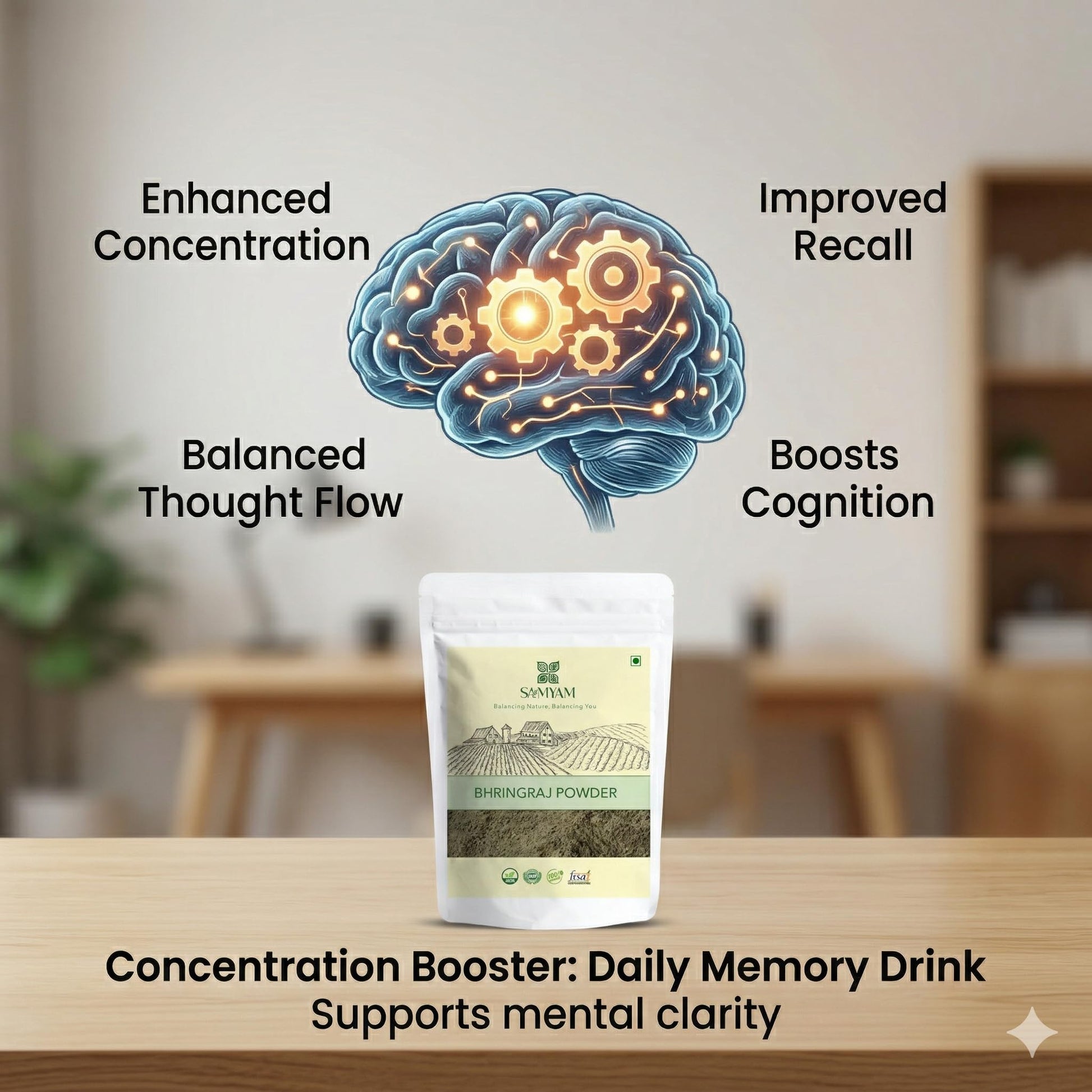 Side panel showing clear daily dosage instructions for the memory enhancement powder.