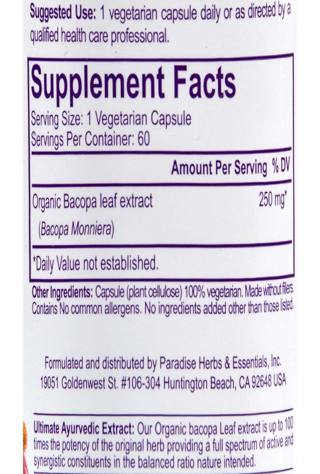 Side angle of Paradise Herbs Brahmi supplement bottle detailing the active whole spectrum twenty to one concentration facts.