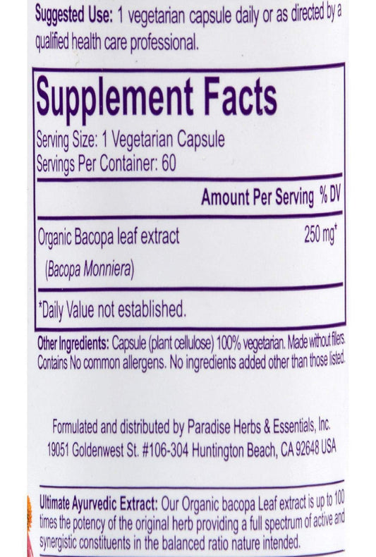 Side angle of Paradise Herbs Brahmi supplement bottle detailing the active whole spectrum twenty to one concentration facts.