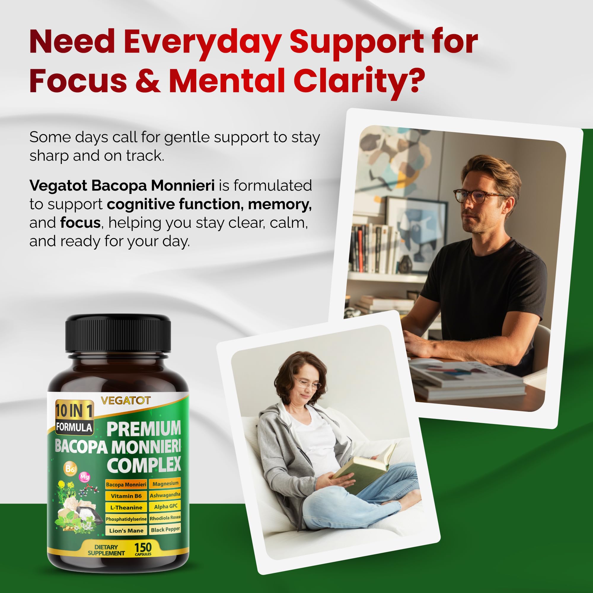 VEGATOT Bacopa Monnieri brain supplement side label displaying ingredients like Lion's Mane, Alpha GPC, and Ashwagandha.
