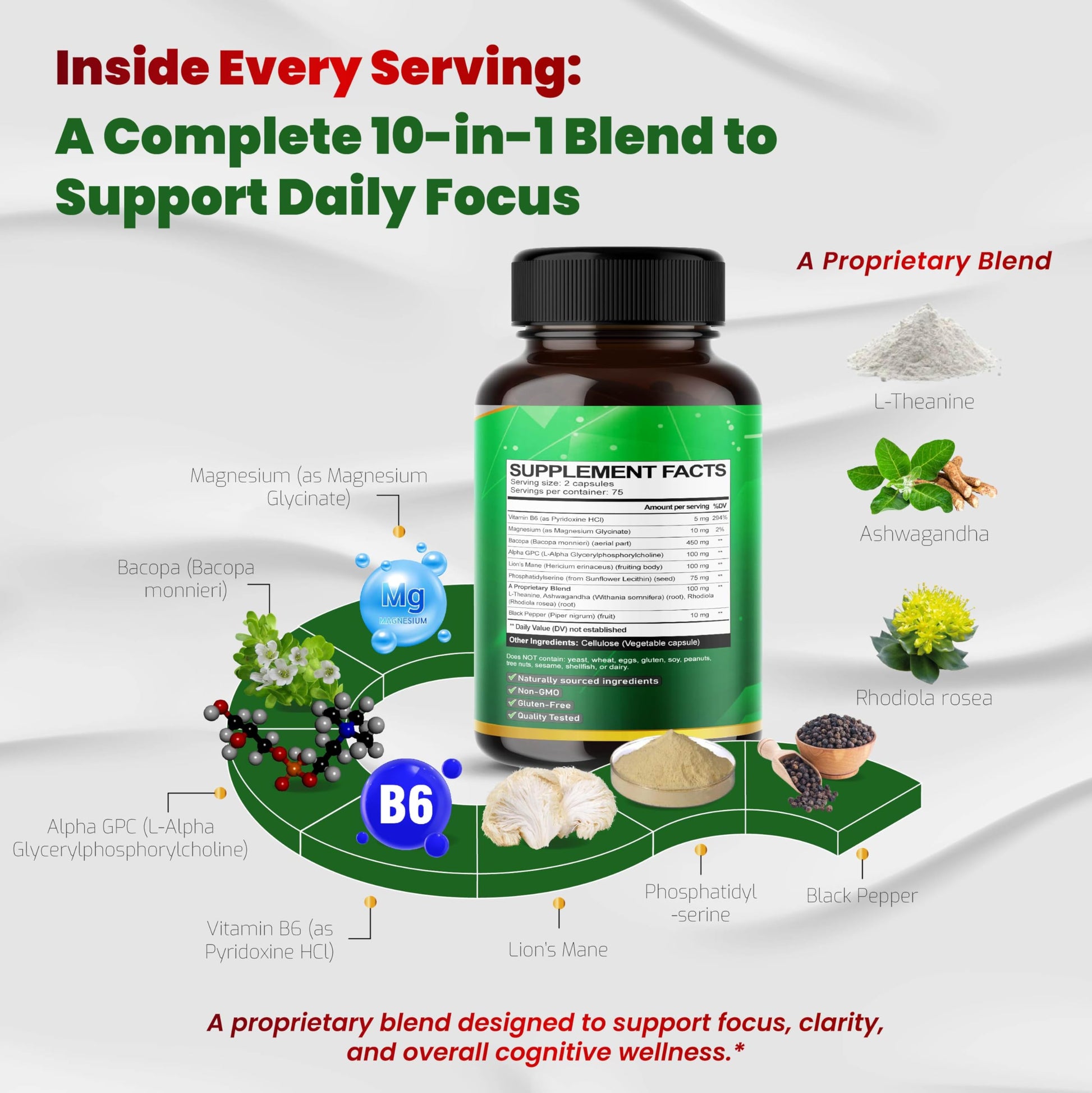 Authentic imported VEGATOT 10-in-1 nootropic capsules bottle standing upright on a clean surface.
