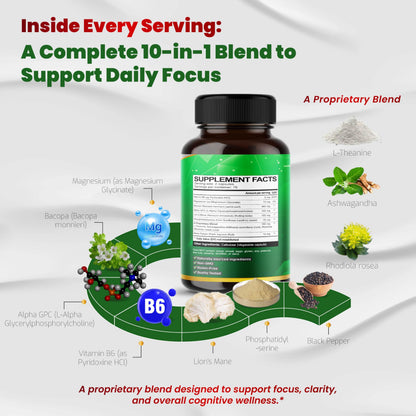 Authentic imported VEGATOT 10-in-1 nootropic capsules bottle standing upright on a clean surface.