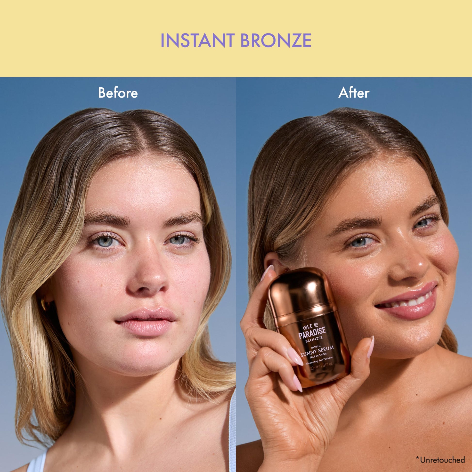 Texture shot of liquid face bronzer showing the radiant golden hour shimmer