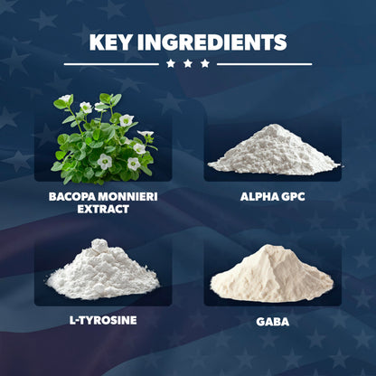 Side view of American Vitality 60 vegetarian capsules bottle detailing Niacin and Bacopa