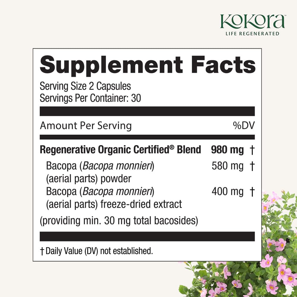 Side angle of Kokora Bacopa bottle highlighting the Regenerative Organic Certified seal.