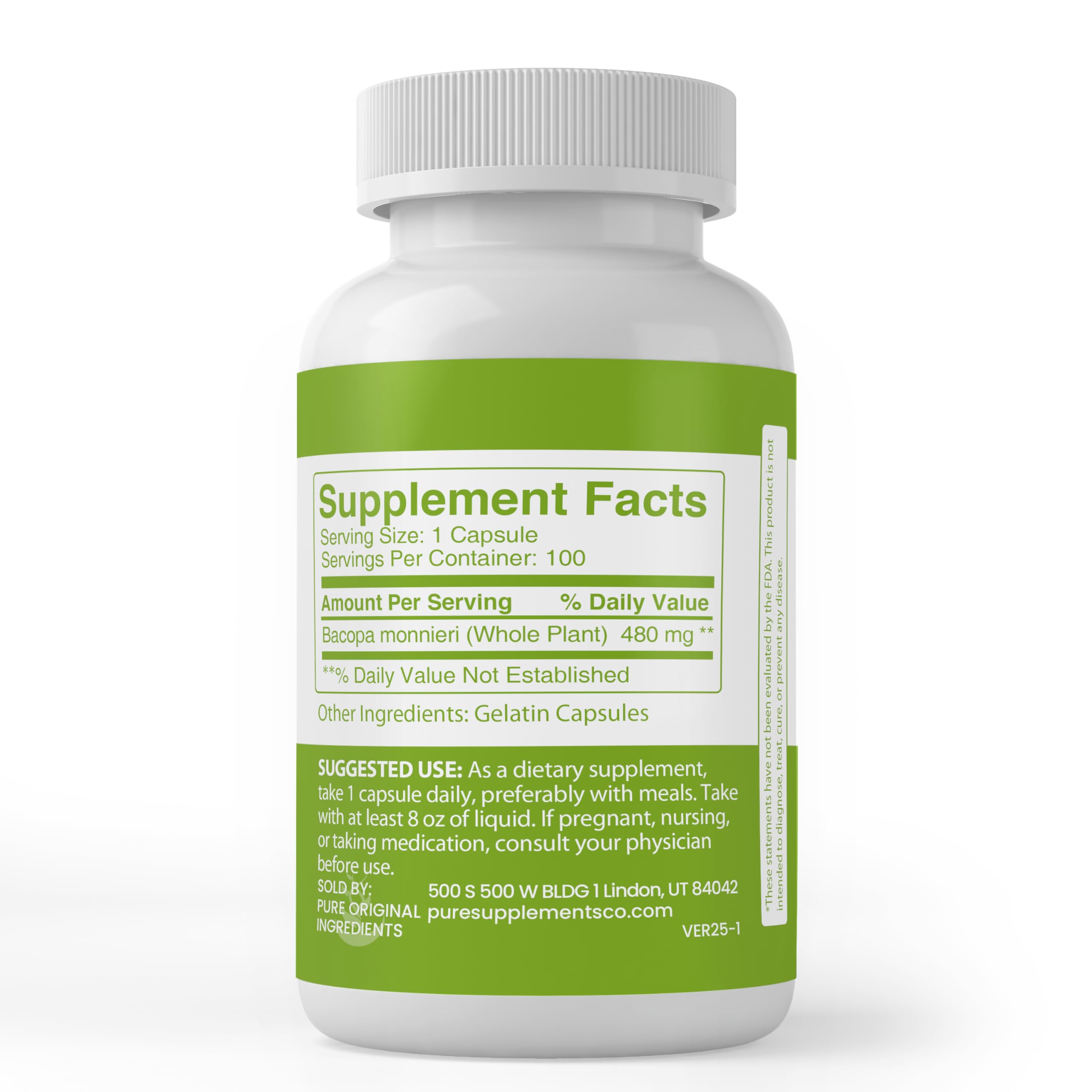 Pure Original Ingredients Bacopa Monnieri label displaying 480 milligrams dosage information and zero fillers claim