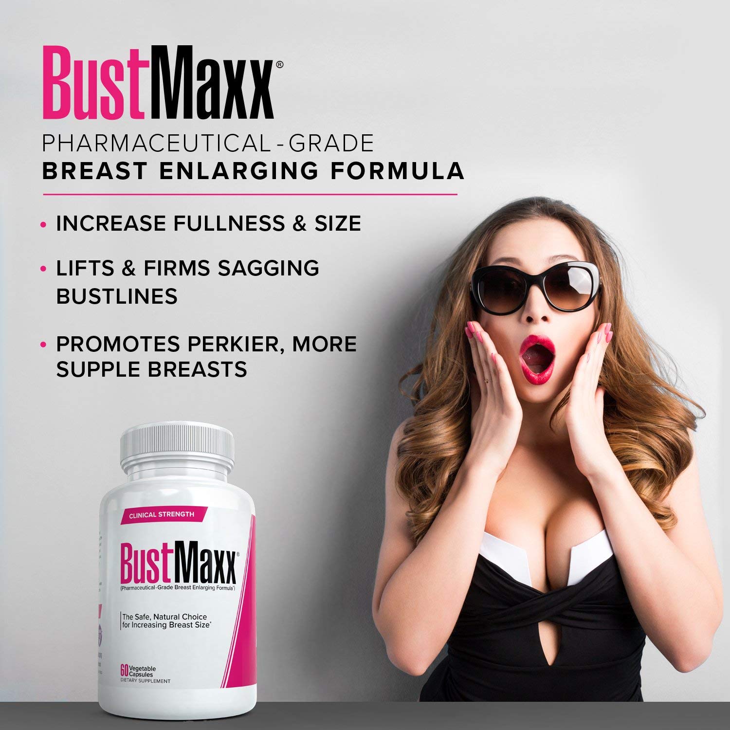 BustMaxx breast enlargement pills packaging displaying the herbal ingredients list clearly on the label.