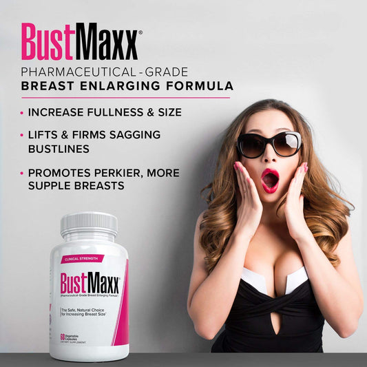 BustMaxx breast enlargement pills packaging displaying the herbal ingredients list clearly on the label.