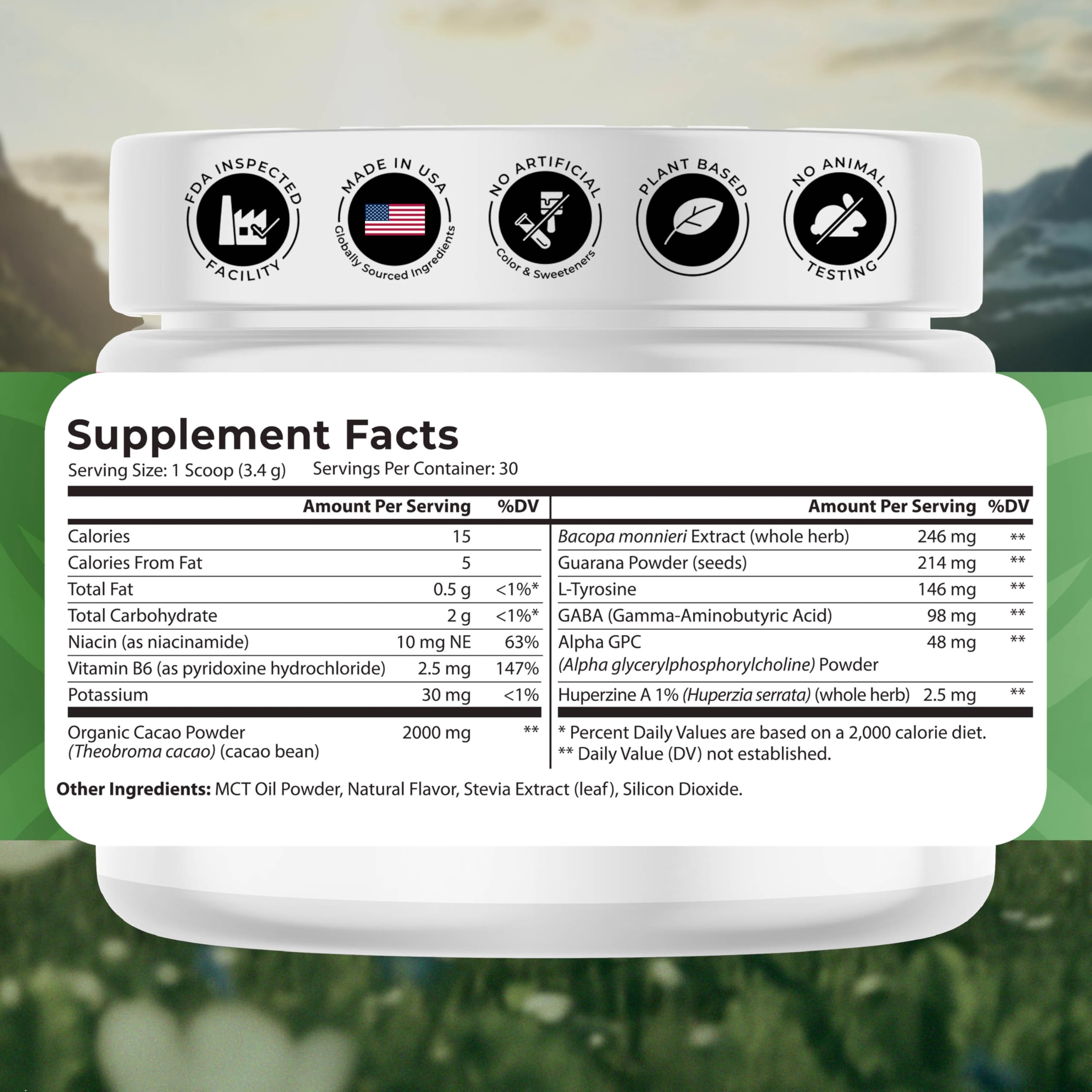 Side angle of Natures Blast memory and focus powder container illustrating the Cocoa Mist flavor label.