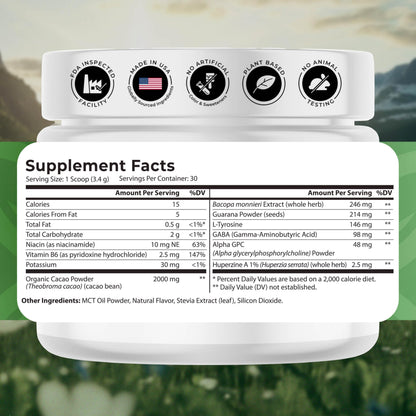 Side angle of Natures Blast memory and focus powder container illustrating the Cocoa Mist flavor label.