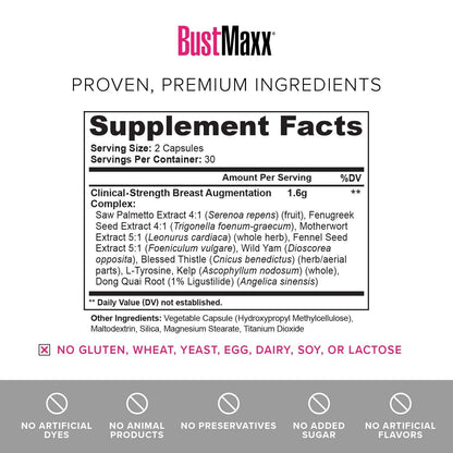 BustMaxx pharmaceutical grade breast firming capsules bottle angled view for product identification.