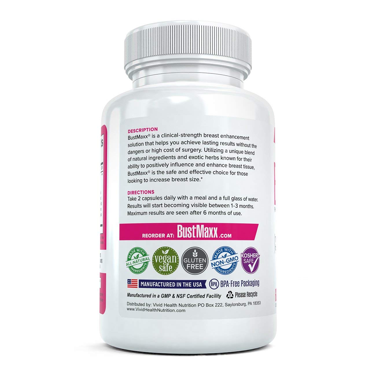 BustMaxx hormone free breast tissue growth pills side panel detailing daily dosage instructions.