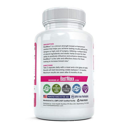 BustMaxx hormone free breast tissue growth pills side panel detailing daily dosage instructions.