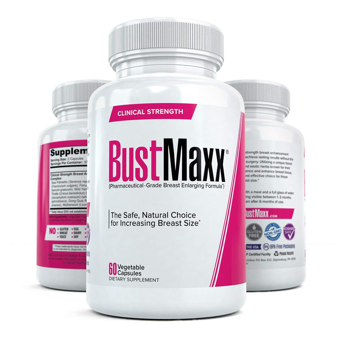 BustMaxx female breast augmentation supplement bottles arranged together showing authentic manufacturing seal.