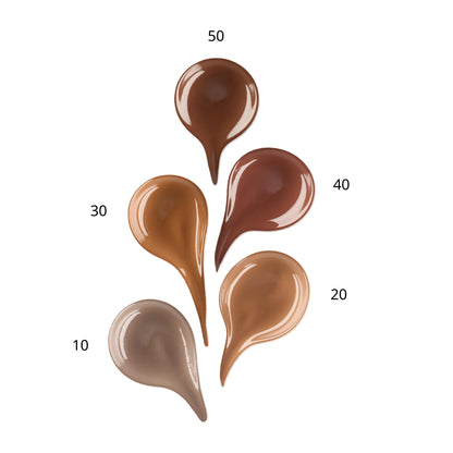 Liquid makeup swatches of the cool-toned Essence contour bronzer on different skin tones.