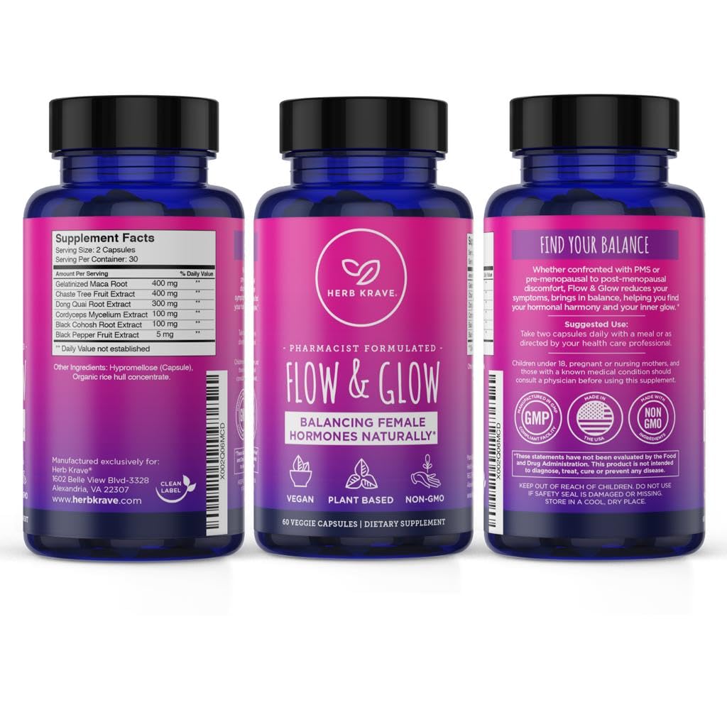 Herb Krave Flow And Glow 120 vegan capsules supplement facts and herbal ingredients list
