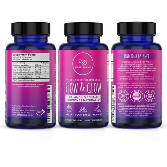 Herb Krave Flow And Glow 120 vegan capsules supplement facts and herbal ingredients list