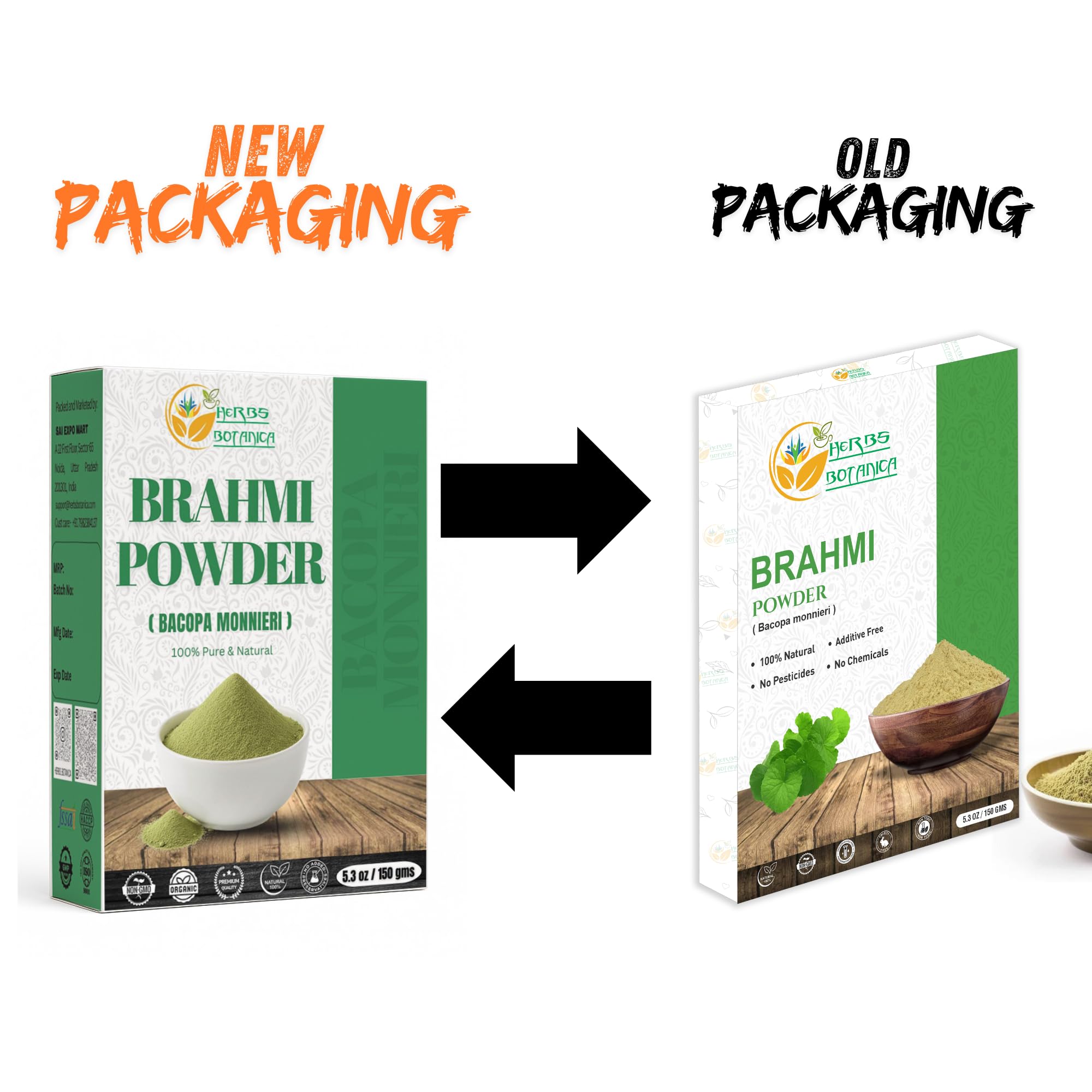 Herbs Botanica Bacopa Monnieri hair care powder box illustrating natural ingredient details.