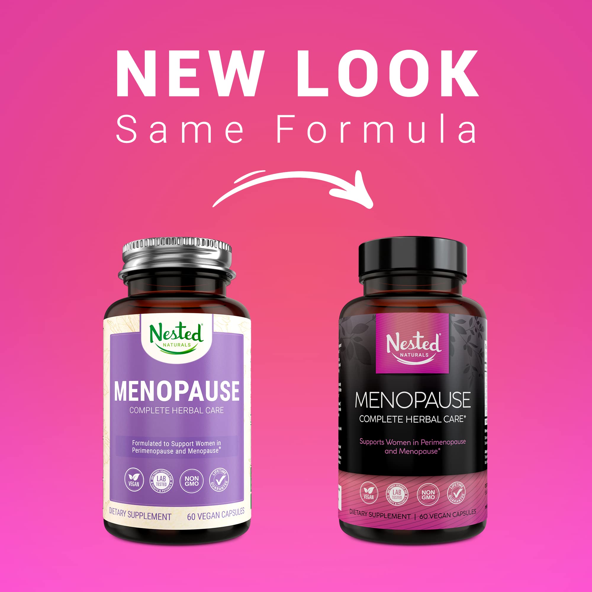 Nested Naturals Menopause capsule container displaying non-GMO and vegan product badges.