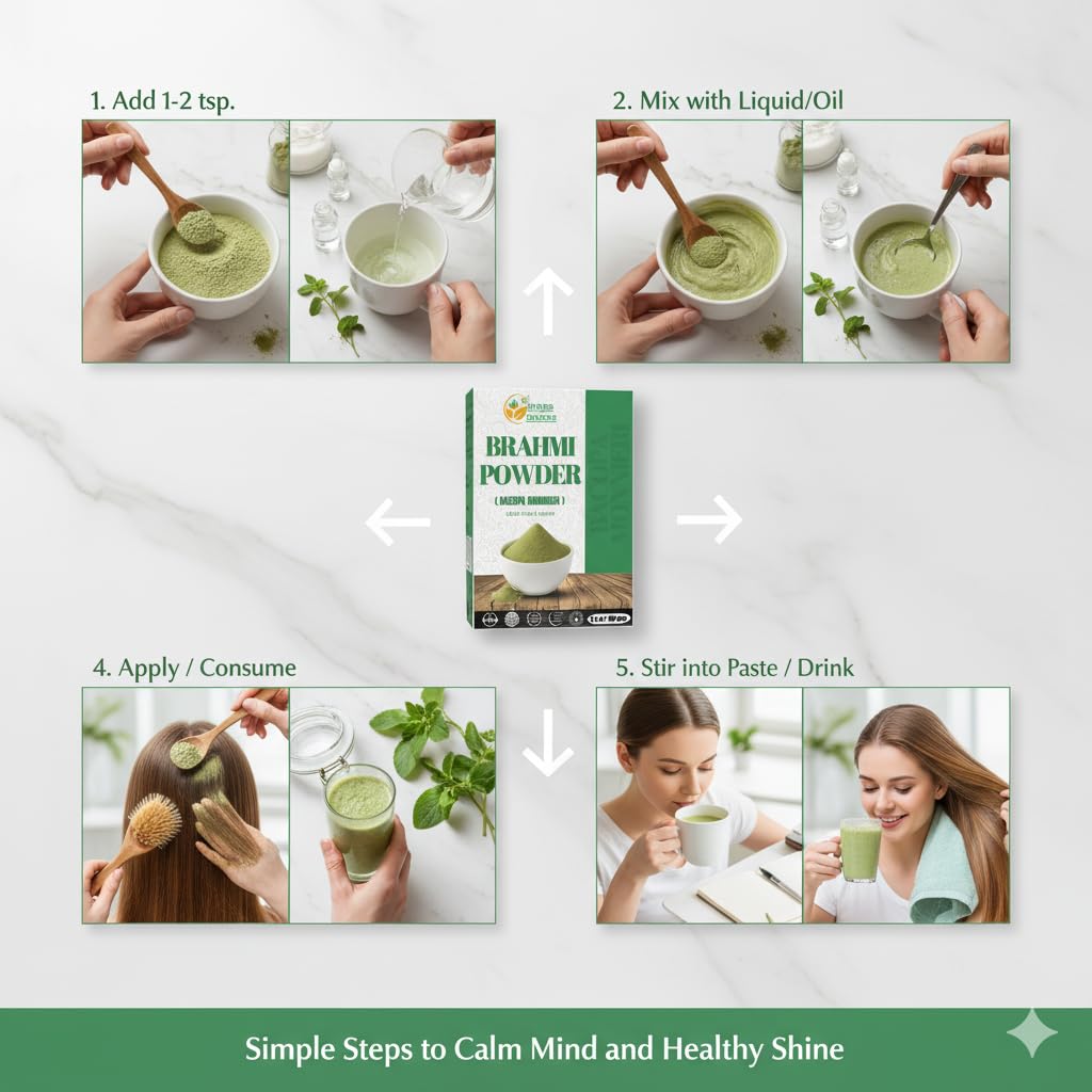 Back label of Herbs Botanica Brahmi powder showing complete usage instructions and weight.