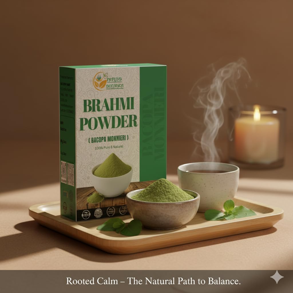 Herbs Botanica scalp nourishment powder packaging displayed alongside organic elements.
