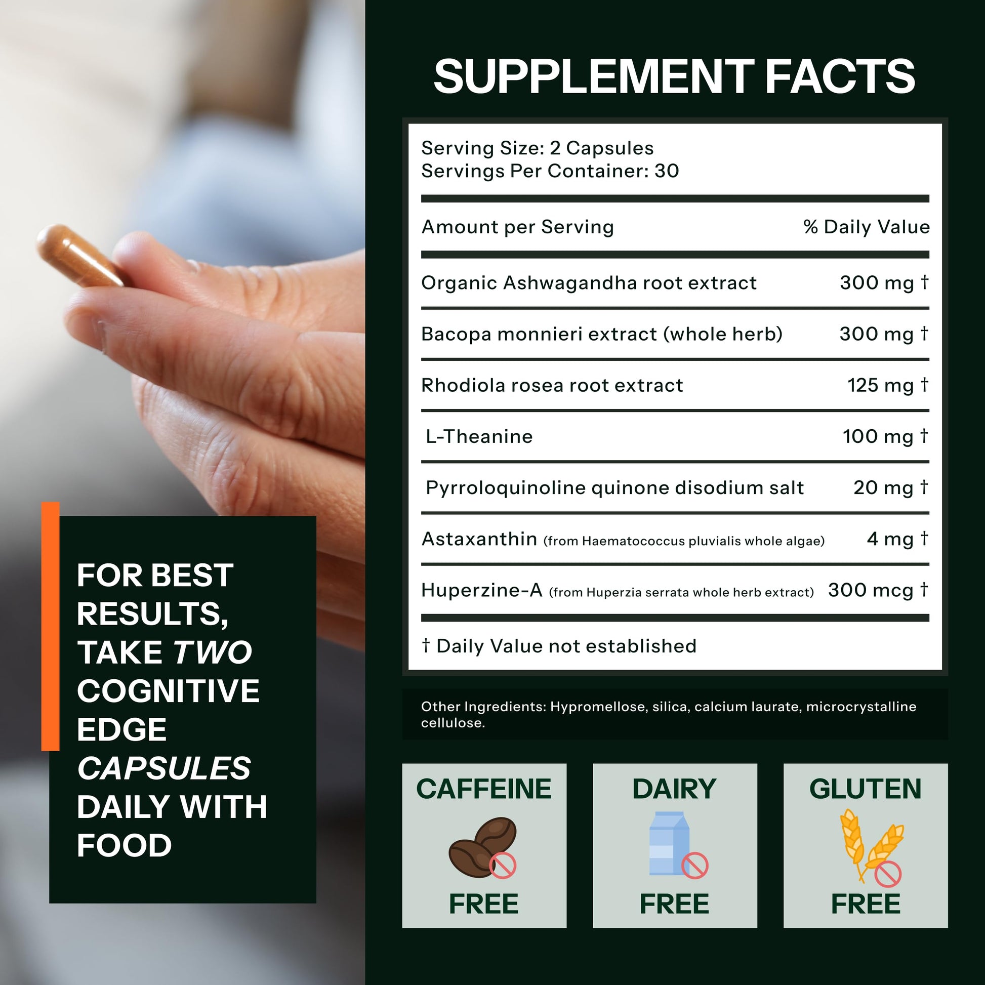 Side angle view of Best Cognition Cognitive Edge showing the verified plant-based ingredients list including Bacopa and Ashwagandha.