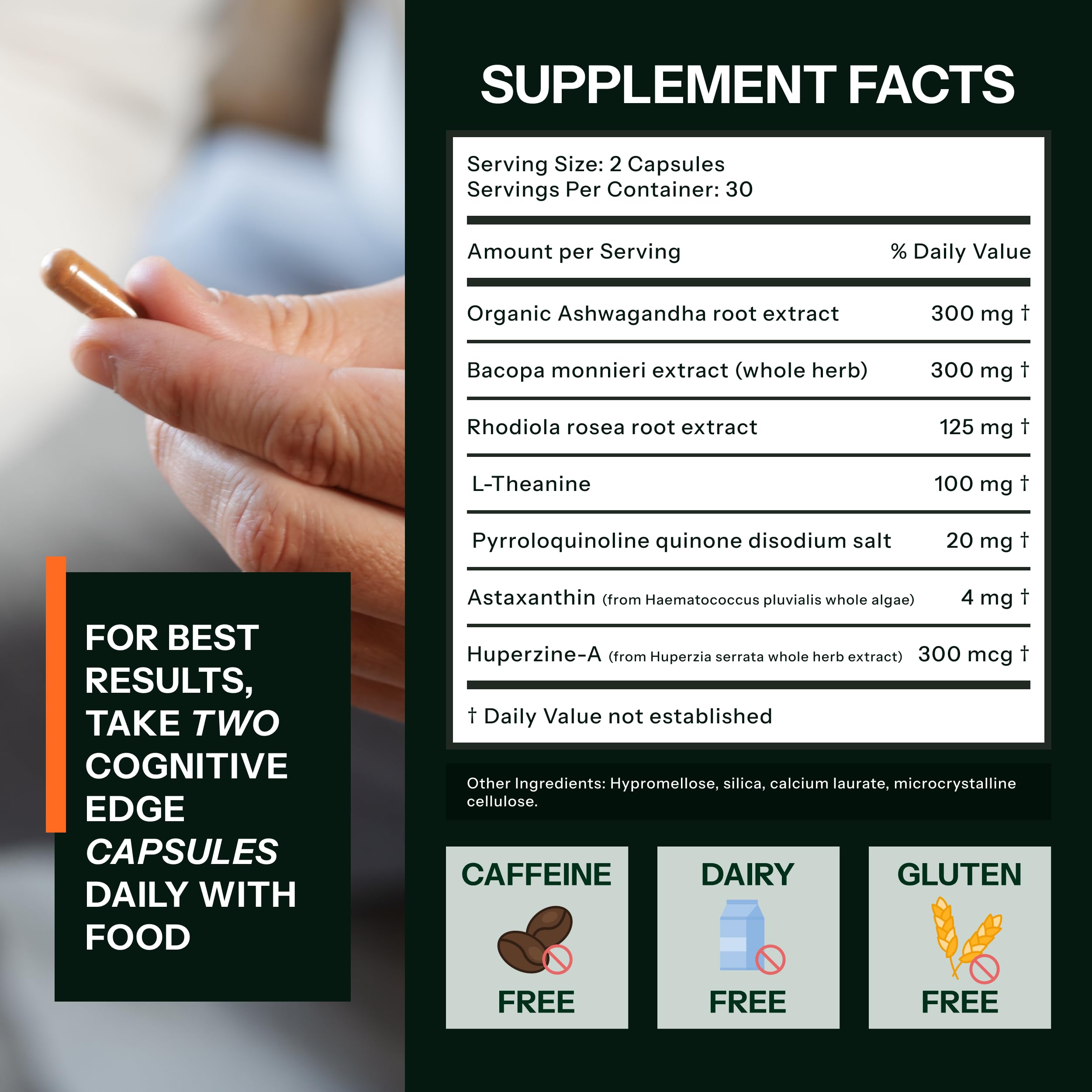 Side angle view of Best Cognition Cognitive Edge showing the verified plant-based ingredients list including Bacopa and Ashwagandha.