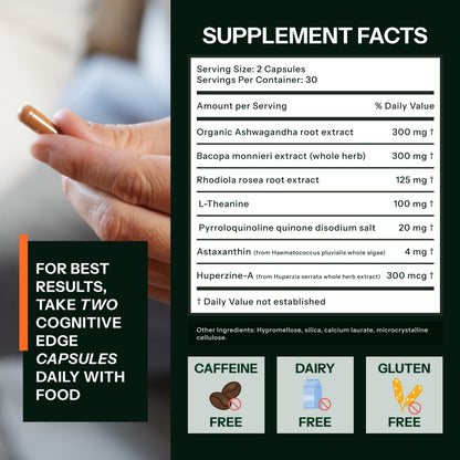 Side angle view of Best Cognition Cognitive Edge showing the verified plant-based ingredients list including Bacopa and Ashwagandha.