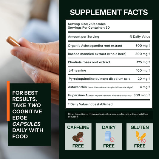Side angle view of Best Cognition Cognitive Edge showing the verified plant-based ingredients list including Bacopa and Ashwagandha.