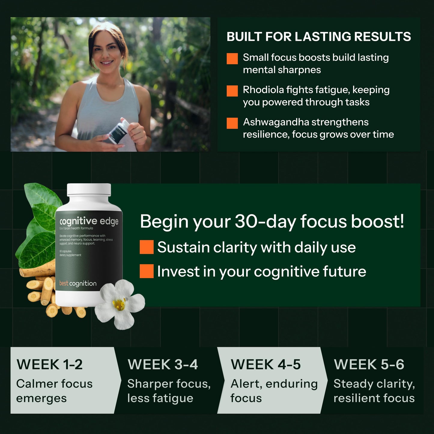 Close-up of the 60 vegan capsules packaging highlighting caffeine-free daily clarity and knowledge retention benefits.