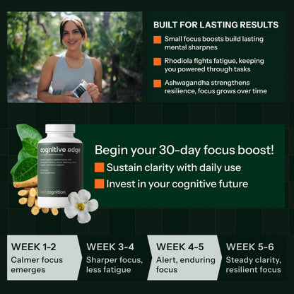 Close-up of the 60 vegan capsules packaging highlighting caffeine-free daily clarity and knowledge retention benefits.